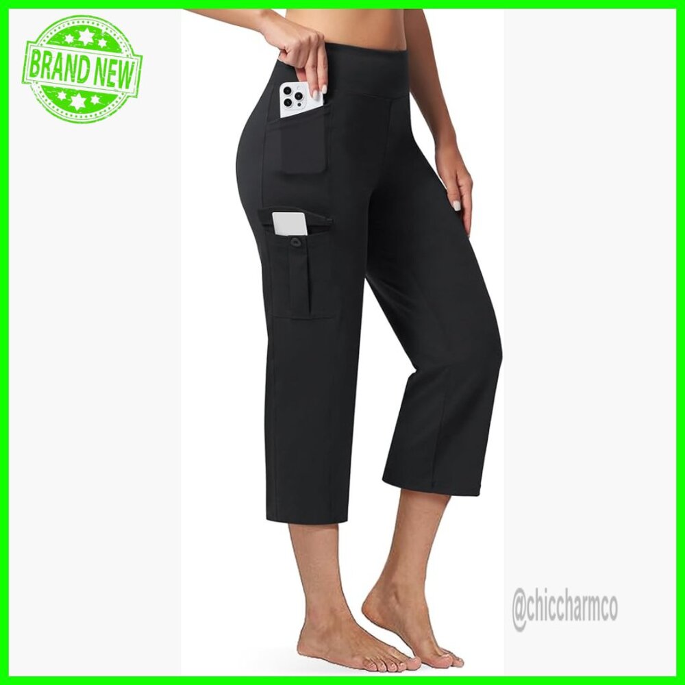 High Waisted Yoga Capris with Pockets, Straight Leg Cargo Pants for Workout